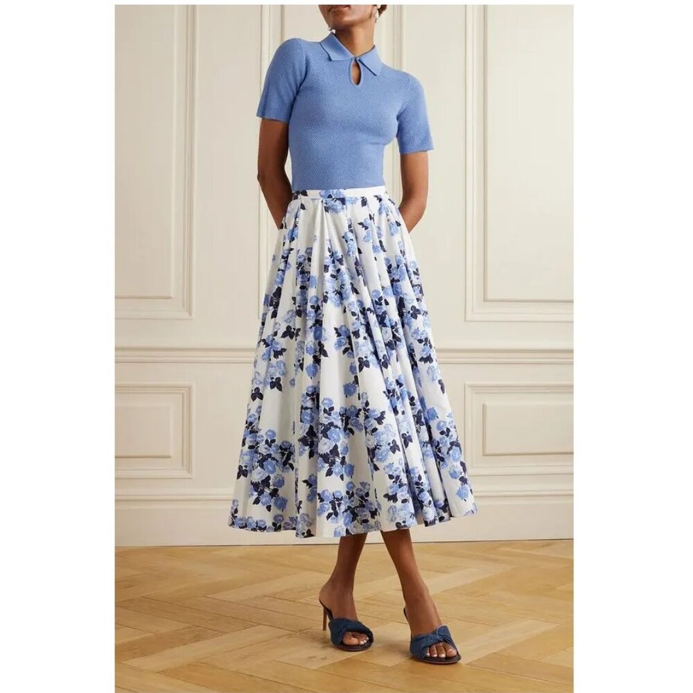 Emilia Wickstead Margaret Wool Polo Top / Medium / Blue Short Sleeve Honeycomb